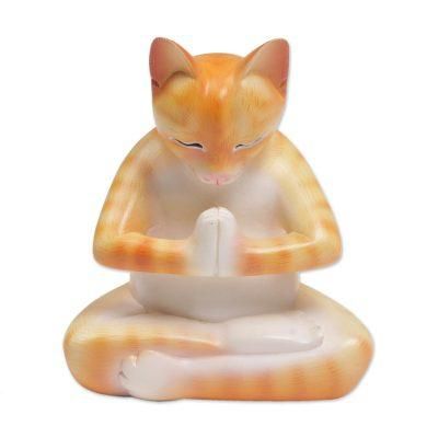 Meditating Kitty in Orange,'Wood Meditating Cat Statuette in Orange and White from Bali'