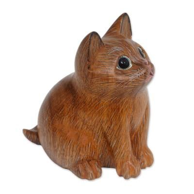 Cozy Cat,'Wood Figurine of Adorable Cat Hand-Carved in Bali'