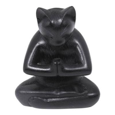 Black Cat Prayer,'Black Cat Praying in a Yoga Pose Signed Wood Sculpture'