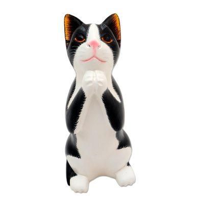Tuxedo Cat Makes a Wish,'Wishing Cat Hand Carved Wood Sculpture'