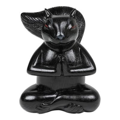 Prudent Apprentice at Night,'Handcrafted Black Suar Wood Squirrel Statuette from Bali'
