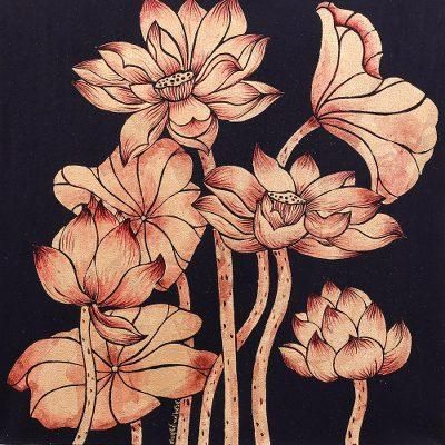 Peaceful Lotus I,'Golden Nature Study Painting of Thai Lotus Blossoms'