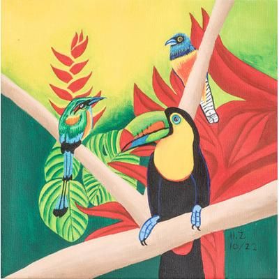 Birds,'Signed Stretched Acrylic Impressionist Painting of Nature'