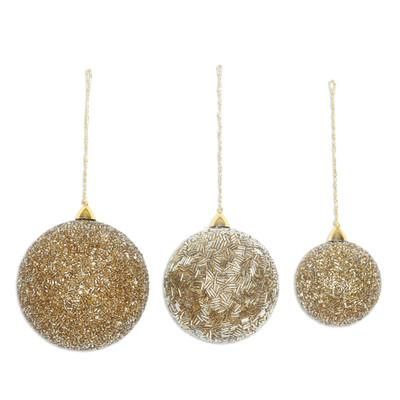 Golden Magic,'Set of Three Sparkling Beaded Ornaments in a Golden Hue'