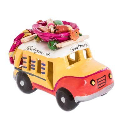 Red and Yellow Old Time Bus,'Red and Yellow Ceramic Bus Sculpture from Guatemala'