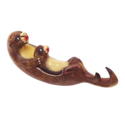 'Hand-Carved Jempinis Wood Otter Statuette Painted in Bali'