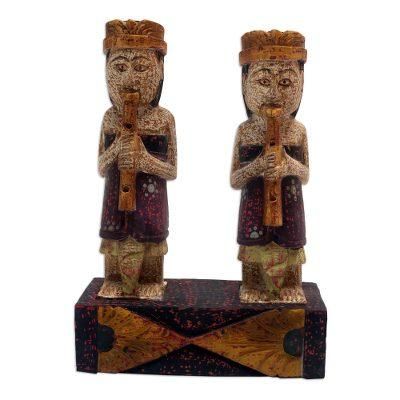 Balinese Rhythm,'Handmade Wood Statuette with Music Motif'