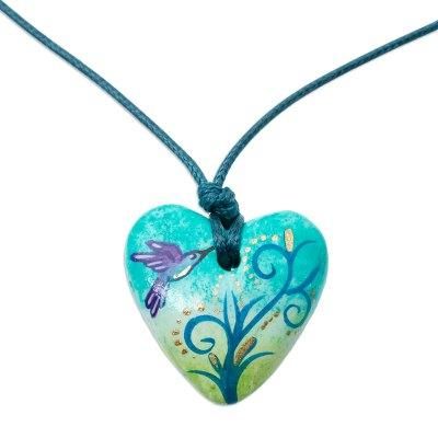 Sky Hummingbird,'Papier Mache Hummingbird Pendant Necklace from Mexico'