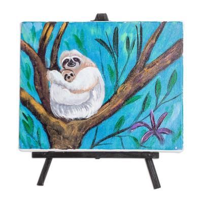 Mother and Child,'Signed Impressionist Oil Painting of Sloth with Wood Easel'
