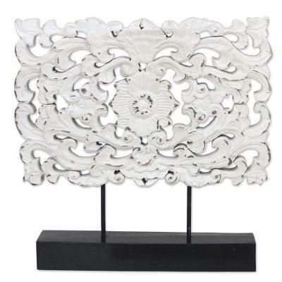 White Floral Magnificence,'Hand Carved Whitewashed Wood Flower Relief Sculpture'