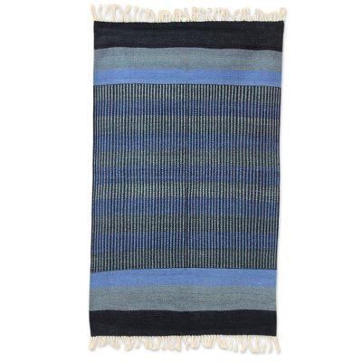 Blue Shadow Harmony,'3 by 5 Foot Handwoven Blue Cotton Rug from India'