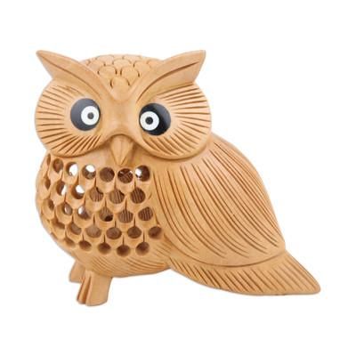 Wise Soul,'Brown Kadam Wood Owl Sculpture Hand-Carved in India'