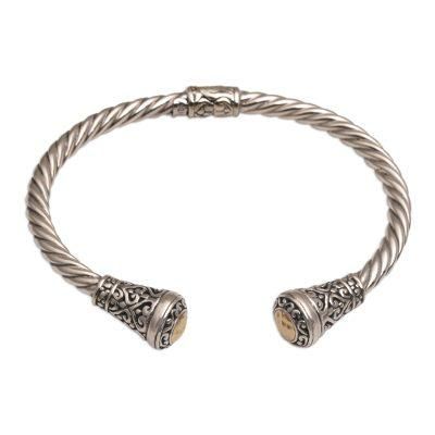 18k Gold Accent Sterling Silver Cuff Bracelet from Bali 'Gleaming Sunflowers'