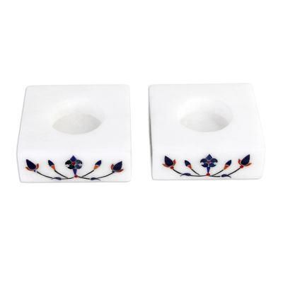 Blooming Buds in Blue,'Square Marble Tealight Holder with Blue Blooming Buds (Pair)'
