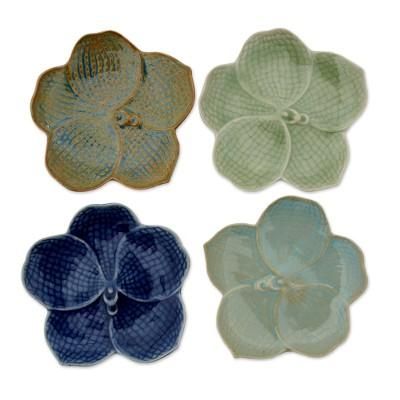 'Orchids' (set of 4) - Celadon Ceramic Dessert Plates