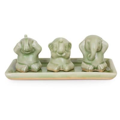 Celadon ceramic figurines, 'Elephant Life Lessons' (set of 3)