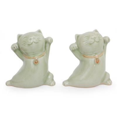 'Good Luck Cats' (pair) - Thai Celadon Ceramic Sculptures