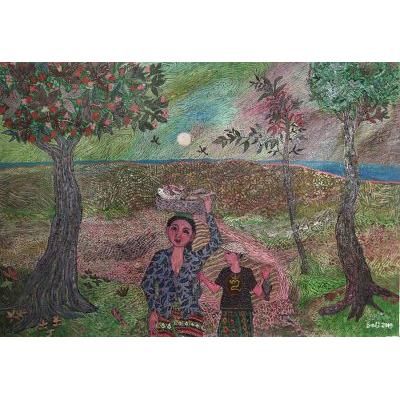 Fishing,'Signed Naif Painting of Two Villagers (2019)'