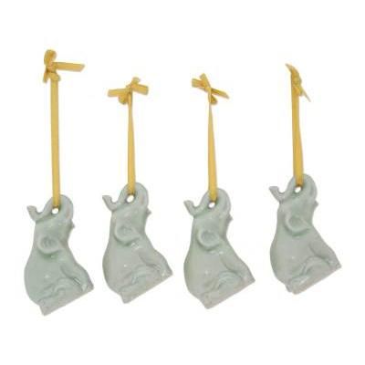 'Green Elephant Heralds' (set of 4) - Hand Made Celadon Ceramic Christmas