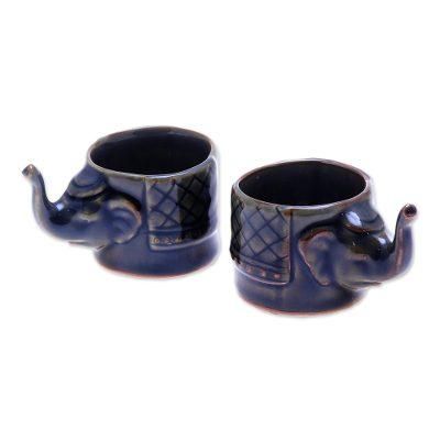 Elephant Essence in Brown,'Handmade Brown Celadon Ceramic Elephant Teacups (Pair)'