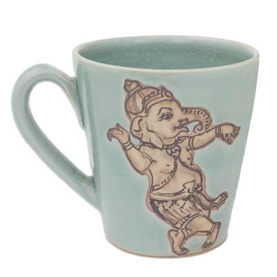 Whimsical Ganesha,'Light Blue Celadon Ceramic Dancing Ganesha Mug from Thailand'