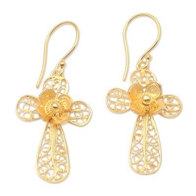 Garden Cross,'Gold-Plated Cross-Motif Dangle Earrings'