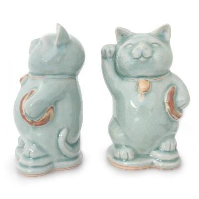 'Charming Good Luck Cats' (pair) - Celadon Ceramic Sculptures