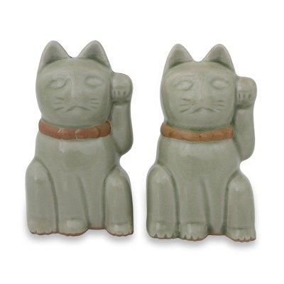 Celadon figurines, 'Lucky Green Cat' (pair)