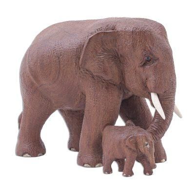 Father and Baby,'Father and Baby Elephant Teak Wood Statuette'