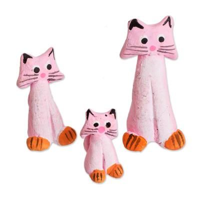 Perky Pink Pussycats,'3 Handcrafted Pink Ceramic Kitty Cat Figurines'