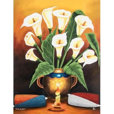 Thanksgiving,'Still Life Painting of Calla Lilies and Corn from Gutaemala'