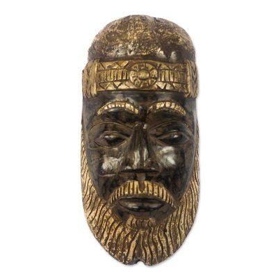 Bearded Nii Amugi,'Brown and Gold-Tone African Wood Mask from Ghana'