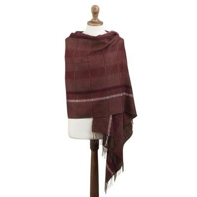Burgundy Windowpanes,'Handwoven Patterned Burgundy and Brown Baby Alpaca Shawl'