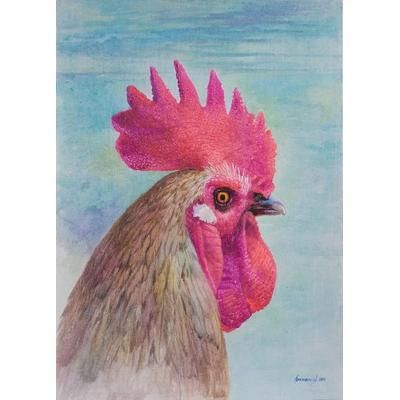 King of the Dawn,'Signed Watercolor Painting of a Rooster from Peru'