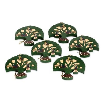 Pinewood ornaments, 'Tree of Hope' (set of 6)