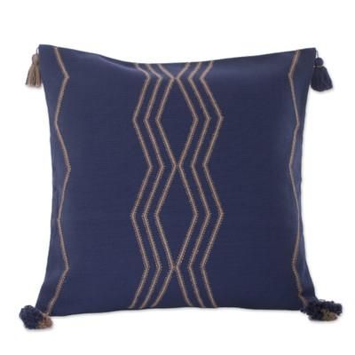 Indigo Directions,'Handloomed Geometric Indigo and Beige Cotton Cushion Cover'