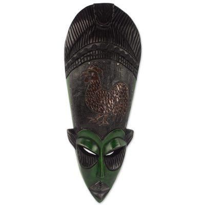 Stalwart Rooster,'Ghanaian Hand Carved Sese Wood Mask with Rooster'