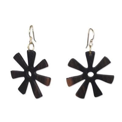 Fofoo Flower,'Ebony Wood Adinkra Flower Dangle Earrings from Ghana'