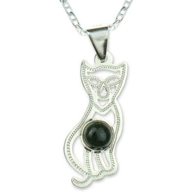 Jade pendant necklace, 'Mystic Green Cat'