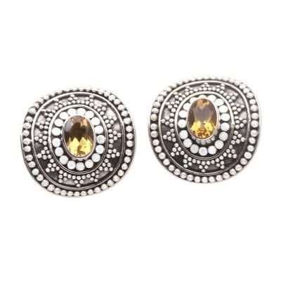 Dwarf Sunflower,'Handcrafted Citrine and Sterling Silver Button Earrings'
