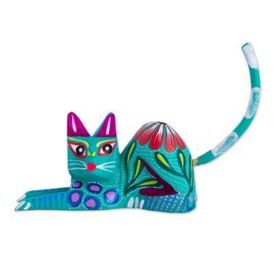 Excited Cat in Teal,'Copal Wood Alebrije Cat Sculpture in Teal from Mexico'