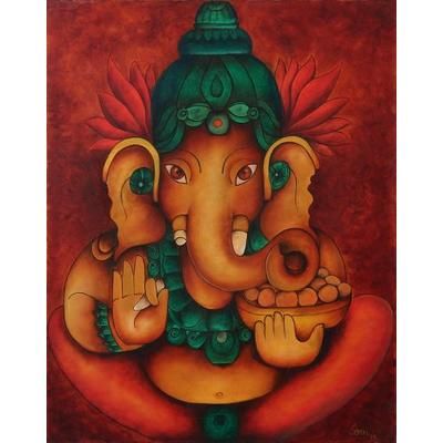 Gajanana,'Signed Unstretched Hindu Painting of Ganesha in Warm Palette'