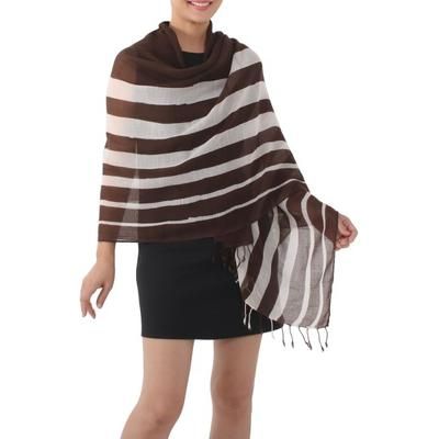 Cool Stripes in Espresso,'Handwoven Striped Cotton Shawl in Espresso from Thailand'