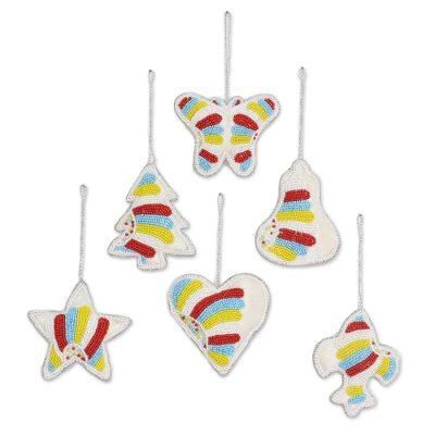 Multicolored Christmas Party,'Set of Six Indian Multicolored Beaded Christmas Ornaments'