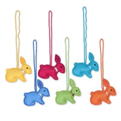 Colorful Bunnies,'Assorted Wool Rabbit Ornaments from India (Set of 6)'