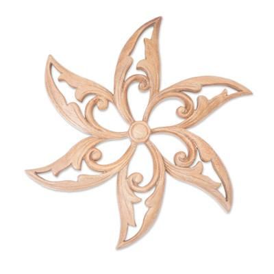 Razor Petals,'Hand-Carved Floral Suar Wood Relief Panel from Bali'