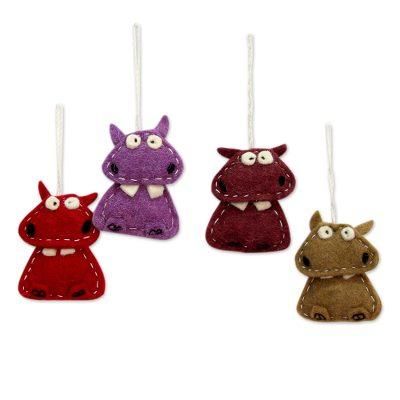 Wool felt ornaments, 'Curious Cats' (set of 4)