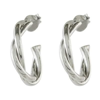 Spiral Curves,'Spiral-Shaped Silver Half-Hoop Earrings from Thailand'