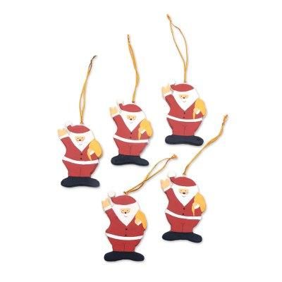 Waving Santa,'Hand-Painted Wood Santa Ornaments from Bali (Set of 5)'