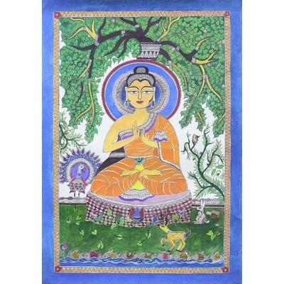 Enlightened,'Madhubani Painting of Buddha from India'